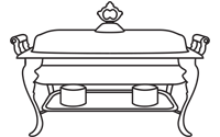 Chafing dishes, serving utensils, heat lamps, soup kettle